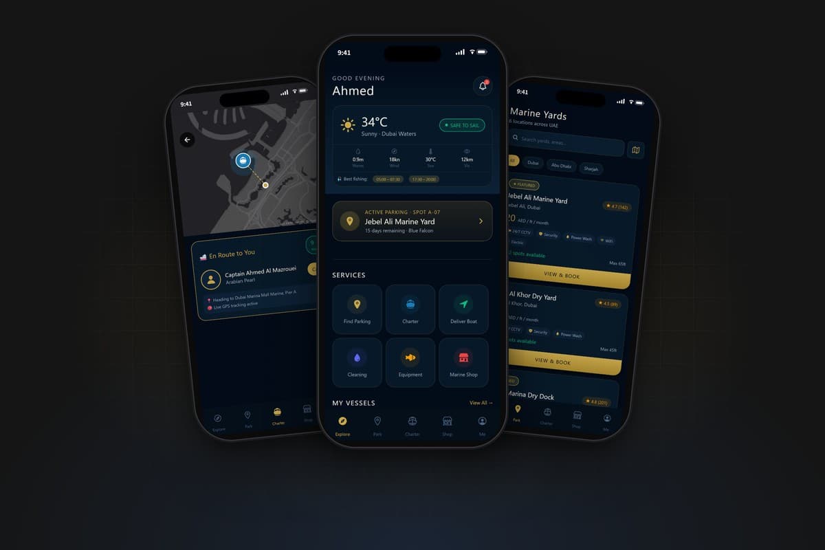 Three Park & Launch screens - welcome tour, home dashboard and marine yards