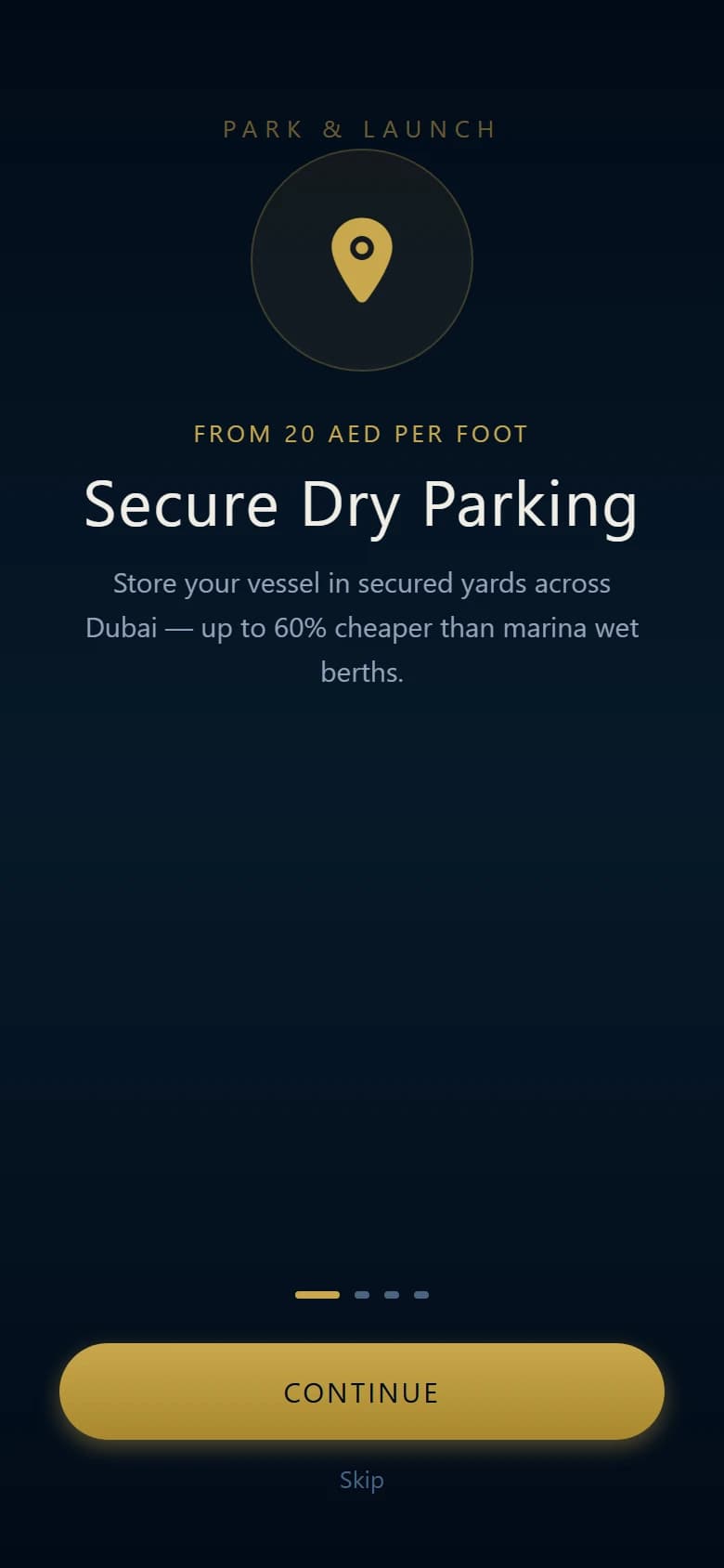 Park & Launch: Welcome tour. Four-slide intro to parking, delivery, charters and yard cameras.