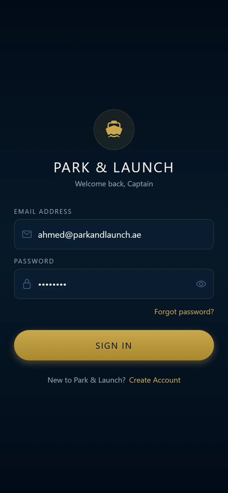 Park & Launch: Sign in. Email sign-in against the API, issuing JWT access and refresh tokens.
