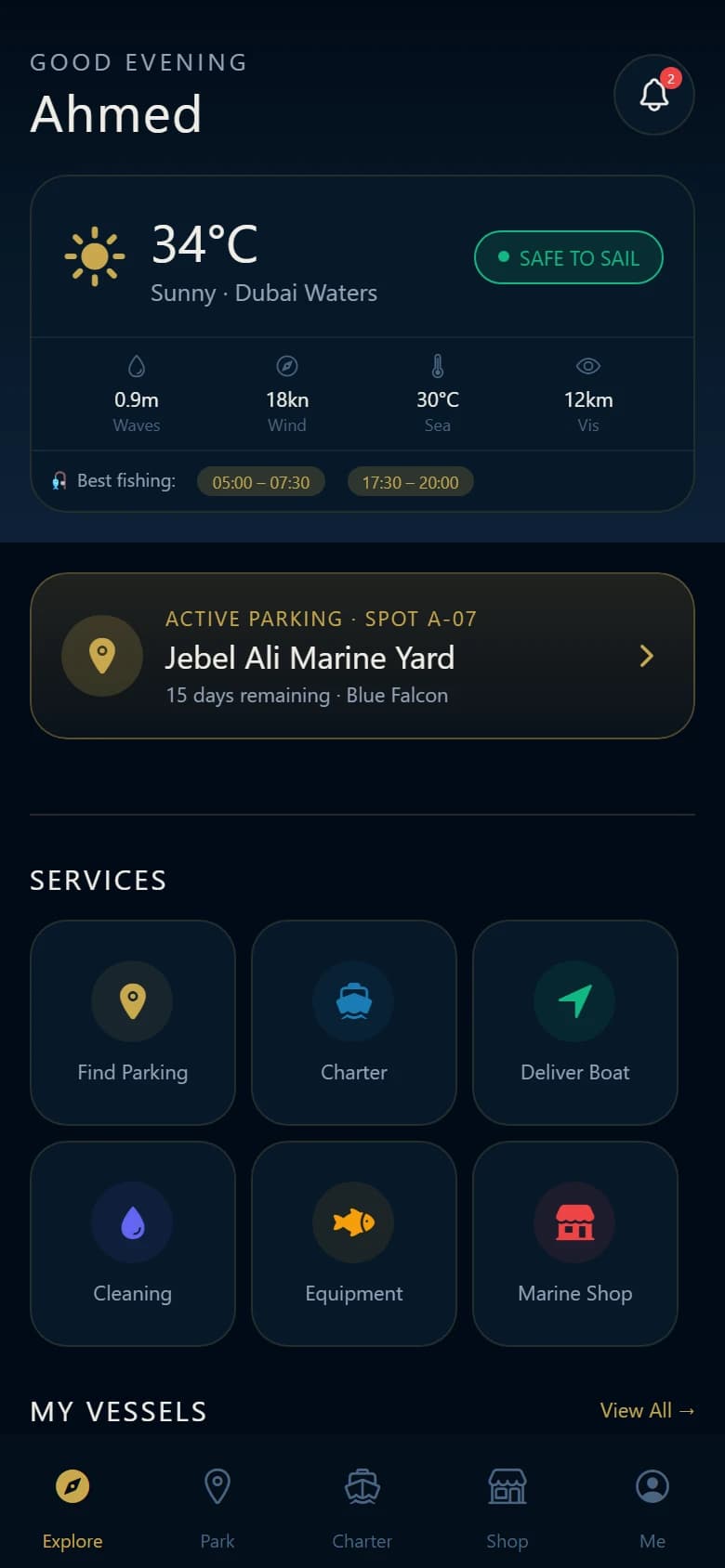 Park & Launch: Home dashboard. Marine weather, active parking, quick services and vessels at a glance.