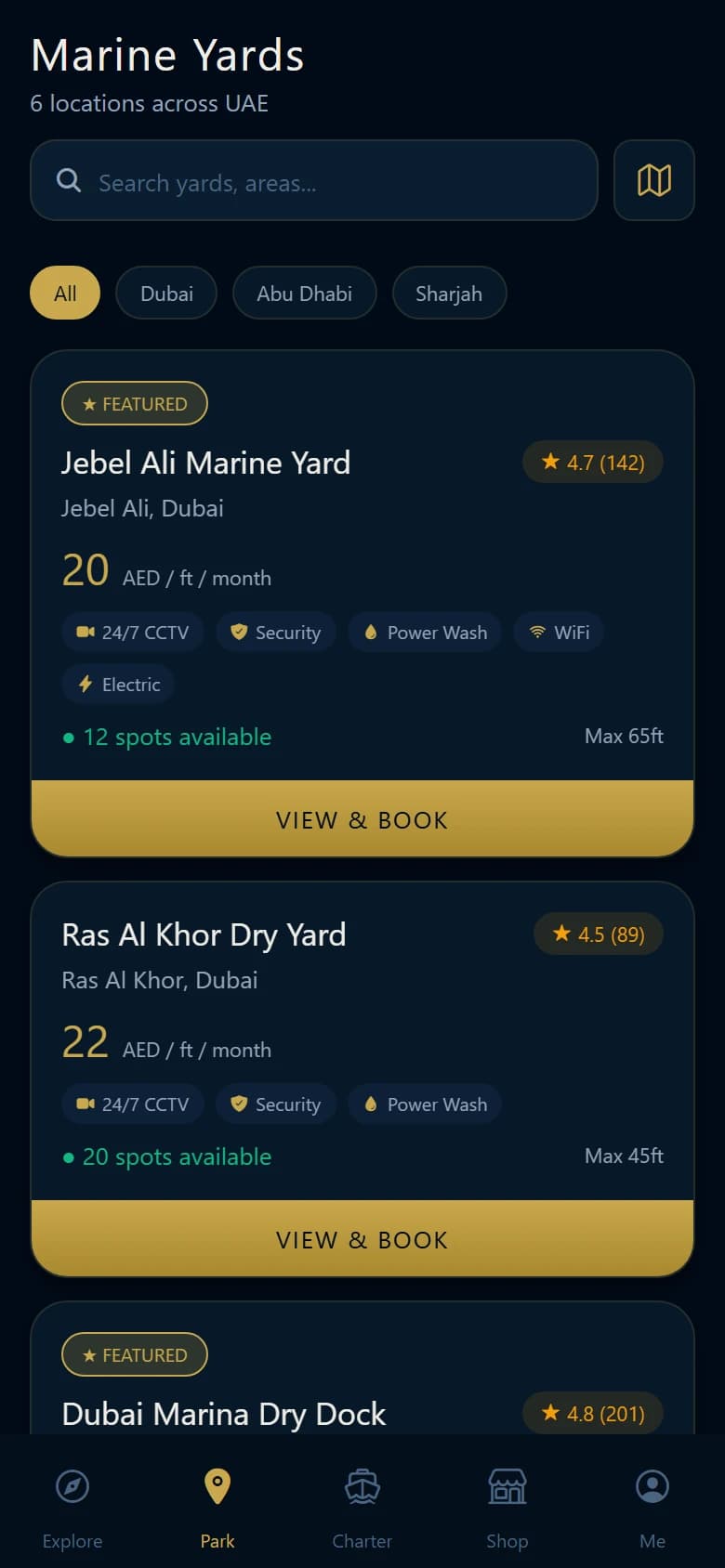 Park & Launch: Marine yards. Dry-storage yards with per-foot pricing, amenities and available spots.