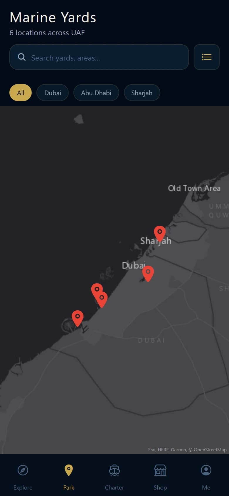 Park & Launch: Yards map. Map view of yard locations along the Dubai and Sharjah coast.