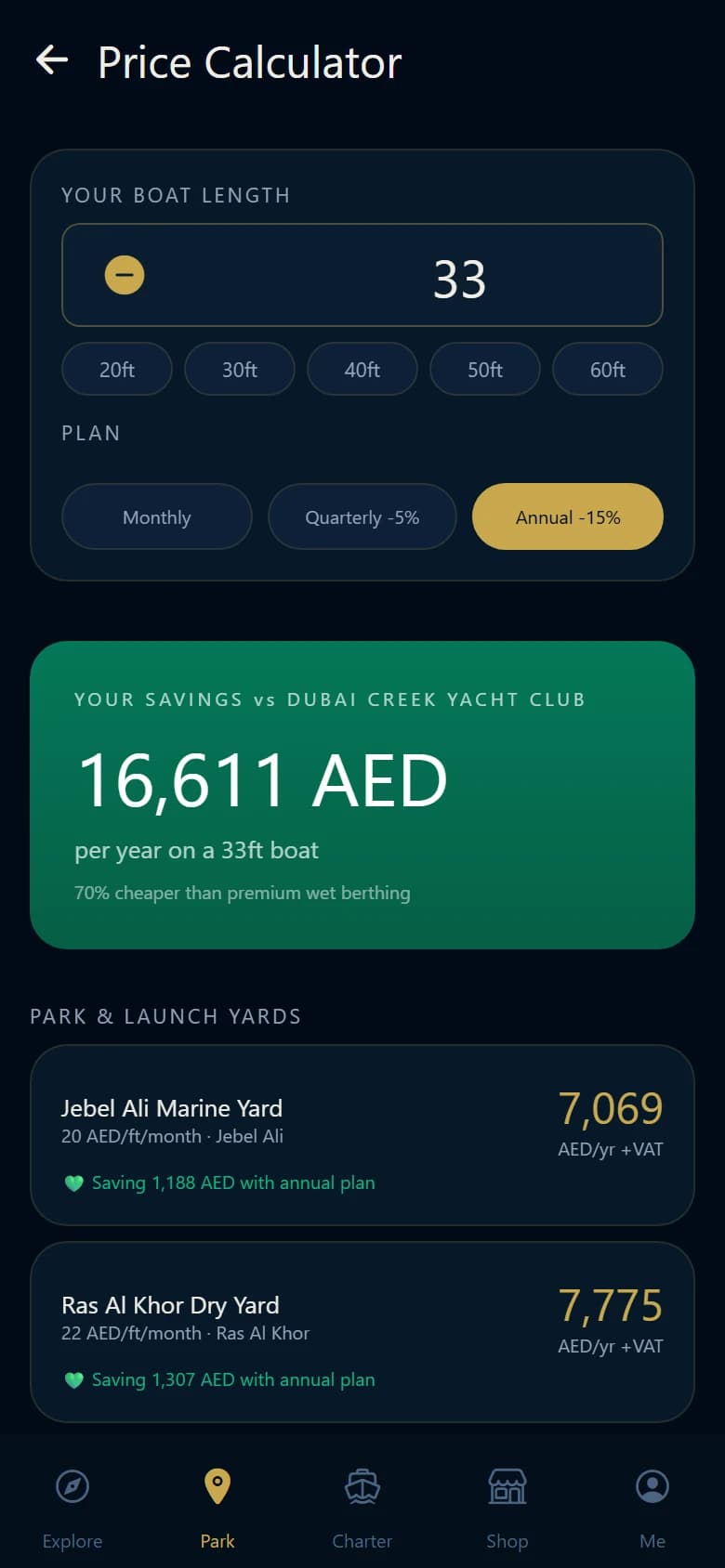 Park & Launch: Price calculator. Plan pricing with annual discounts and savings versus marina wet berths.
