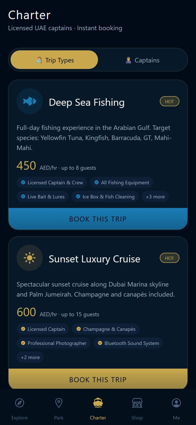 Park & Launch: Charter trips. Fishing, sunset and island trips with hourly rates and inclusions.