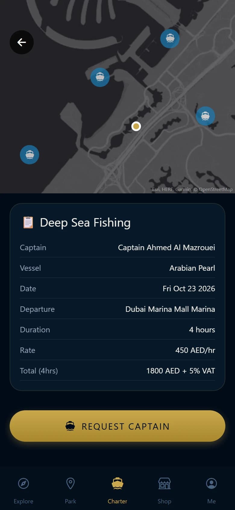 Park & Launch: Charter details. Trip summary with captain, vessel, departure marina and total cost.