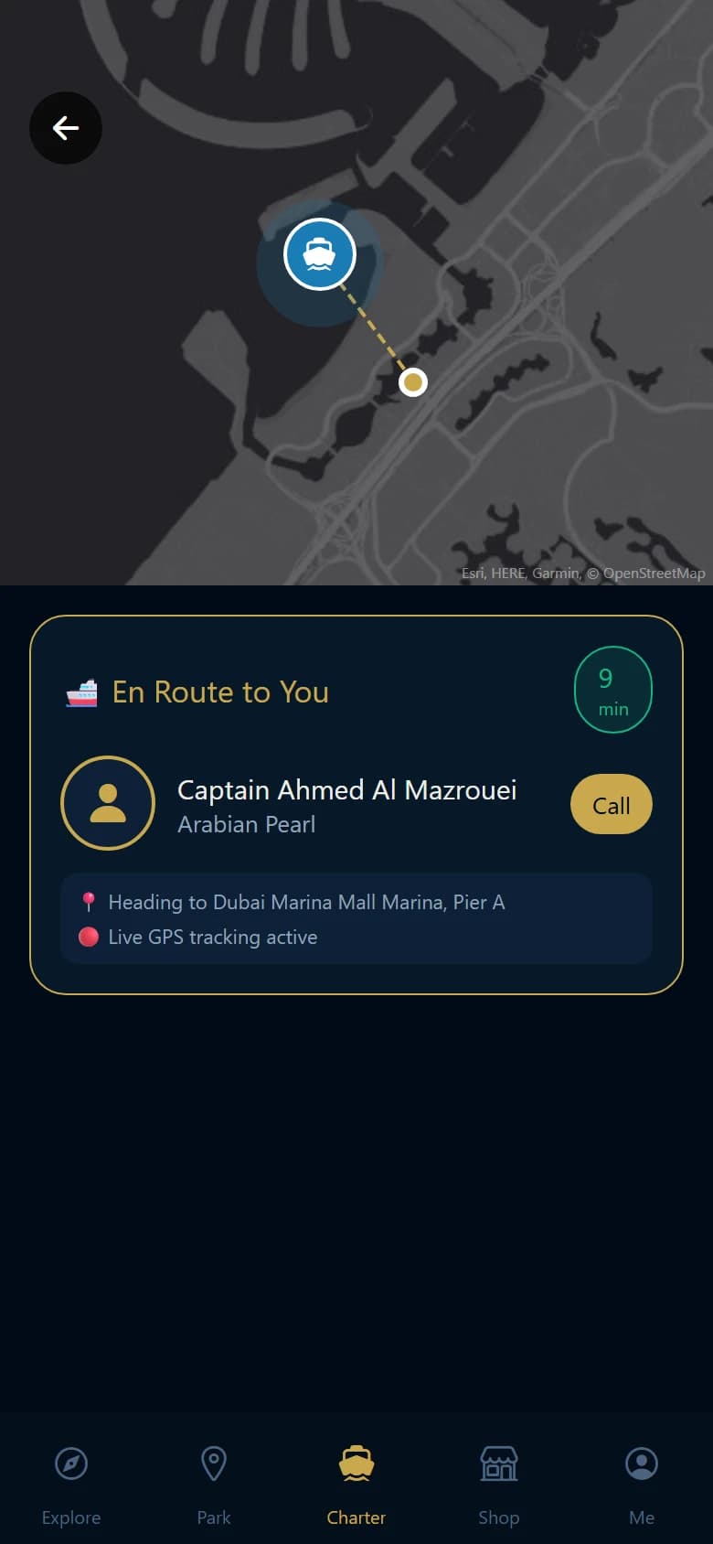 Park & Launch: Live GPS tracking. Captain's boat on the map with route line and live ETA.