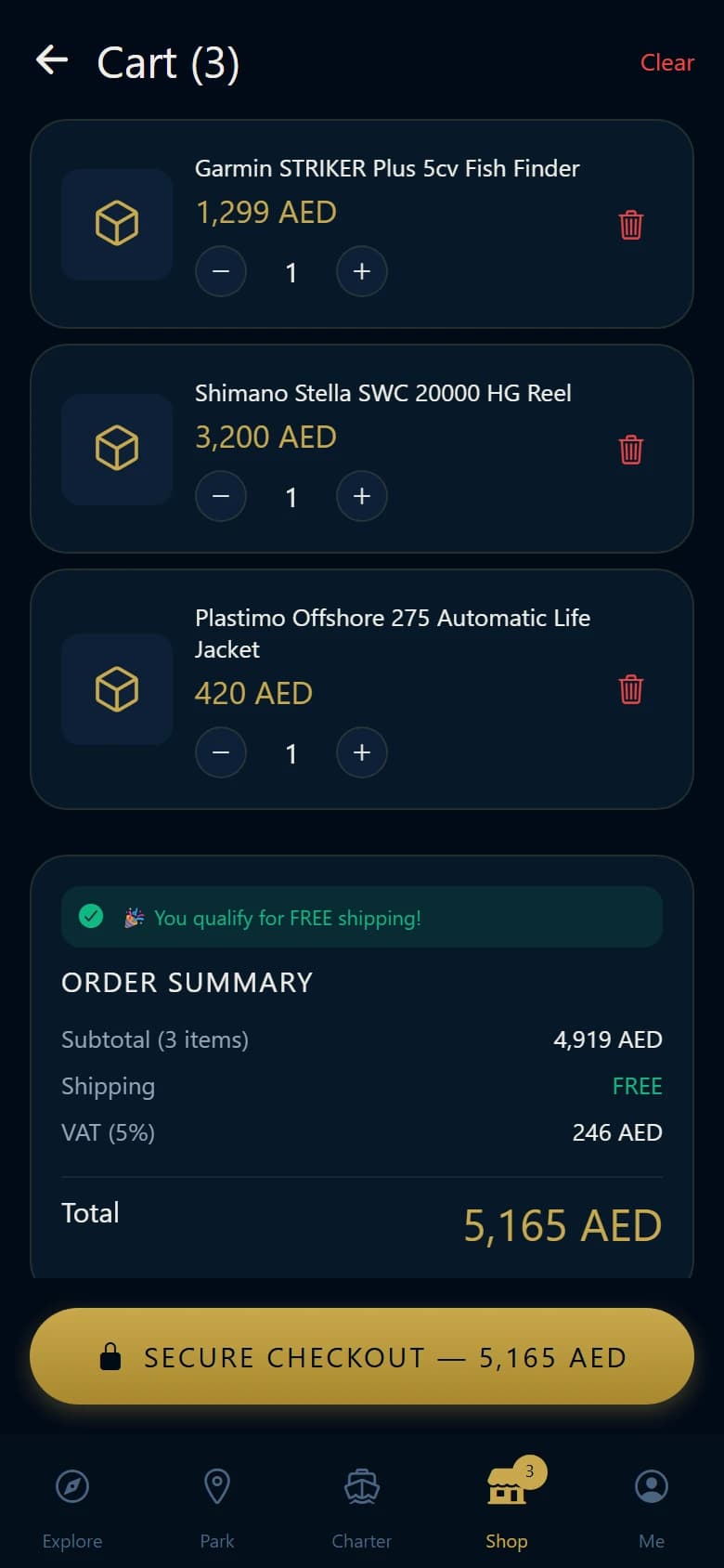 Park & Launch: Shopping cart. Quantity controls, free-shipping threshold and VAT-inclusive order summary.
