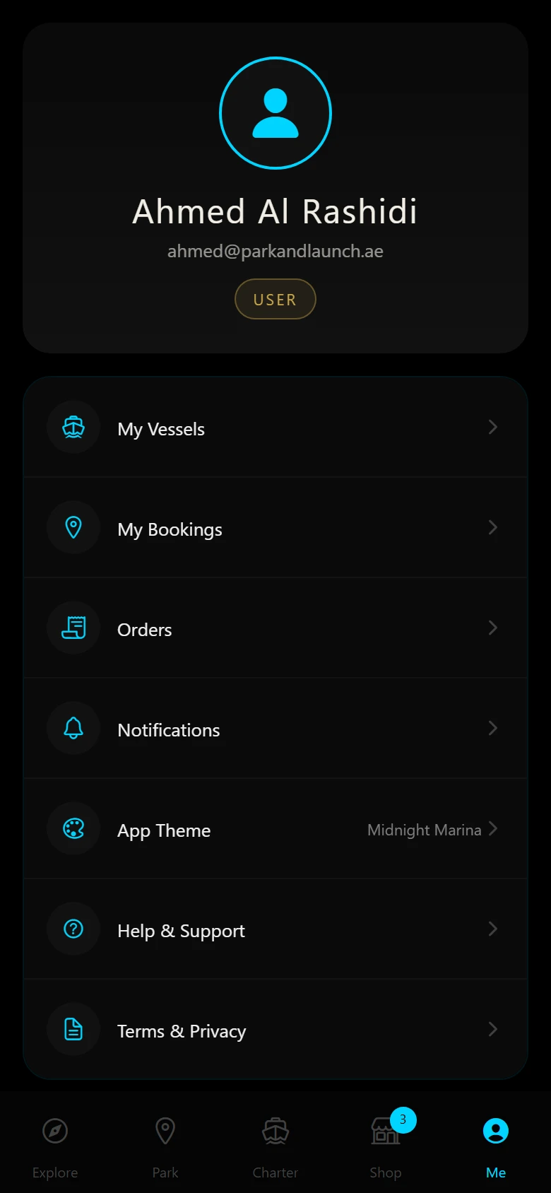 Park & Launch: Account profile. Account hub, shown here in the Midnight Marina theme.