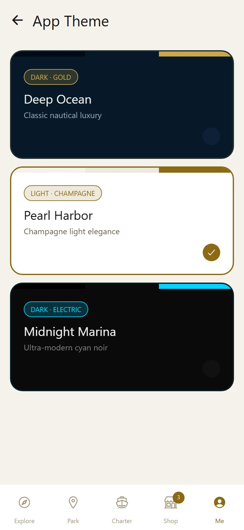 Park & Launch: Theme picker. Three themes: Deep Ocean, Pearl Harbor and Midnight Marina.