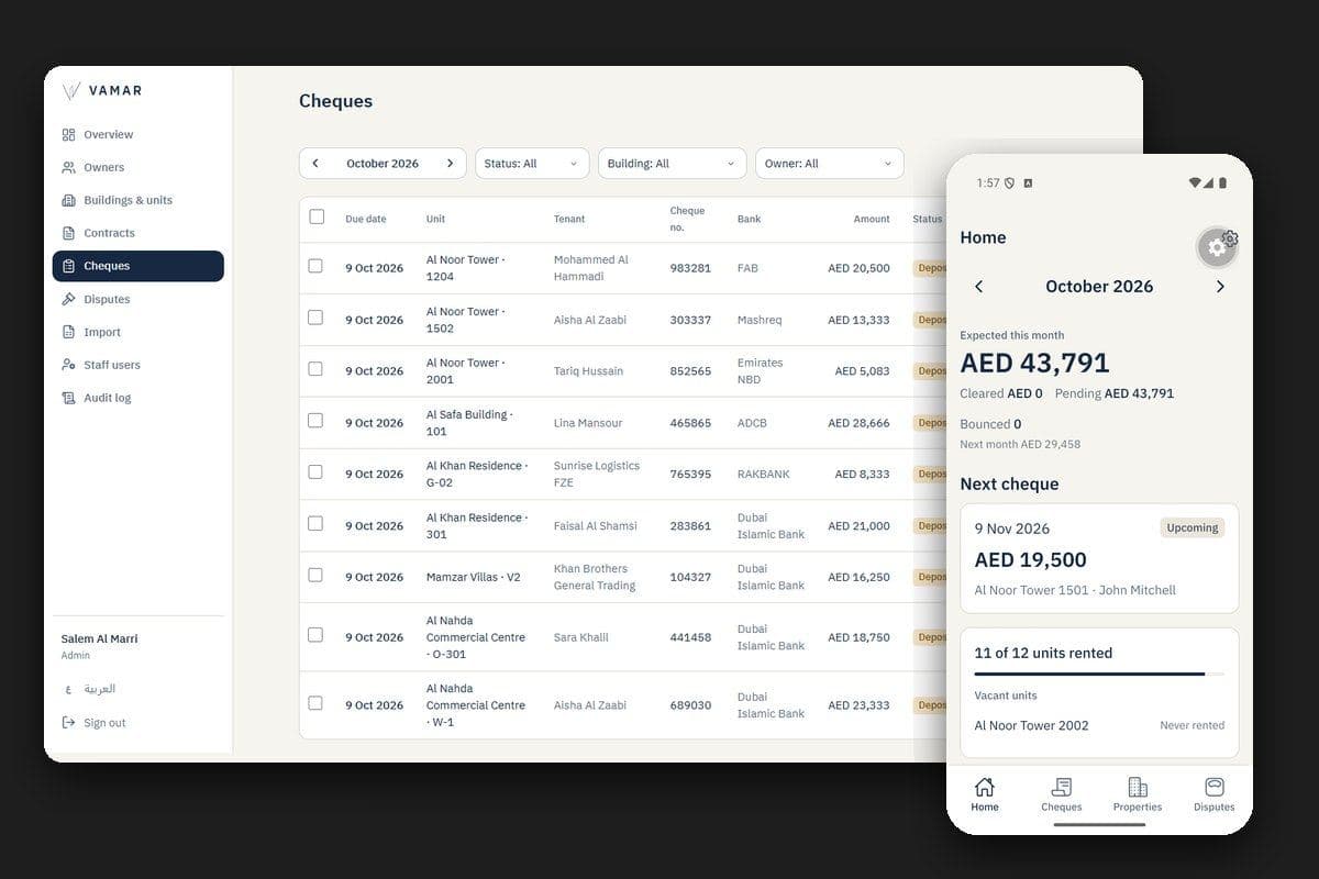 Vamar staff dashboard cheques list next to the owner app home screen