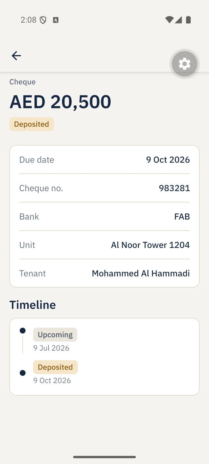 Vamar Owner Platform: Cheque details. Due date, bank, unit, tenant and a status timeline.