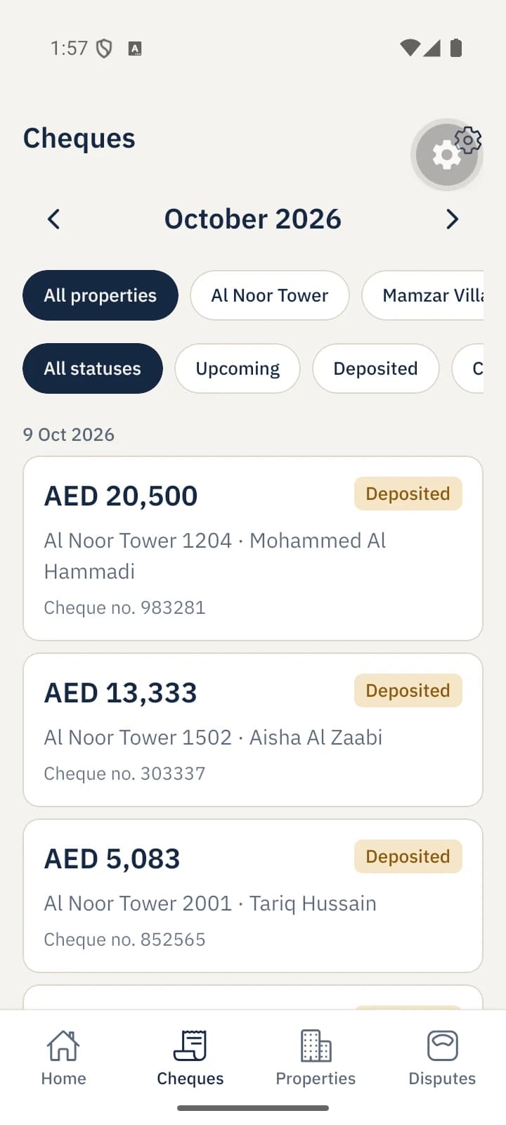 Vamar Owner Platform: Cheques. Every cheque of the month, filtered by property and status.