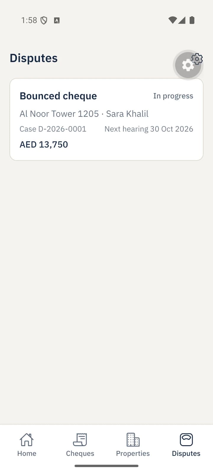 Vamar Owner Platform: Disputes. Open cases, such as a bounced cheque, with the next hearing date.