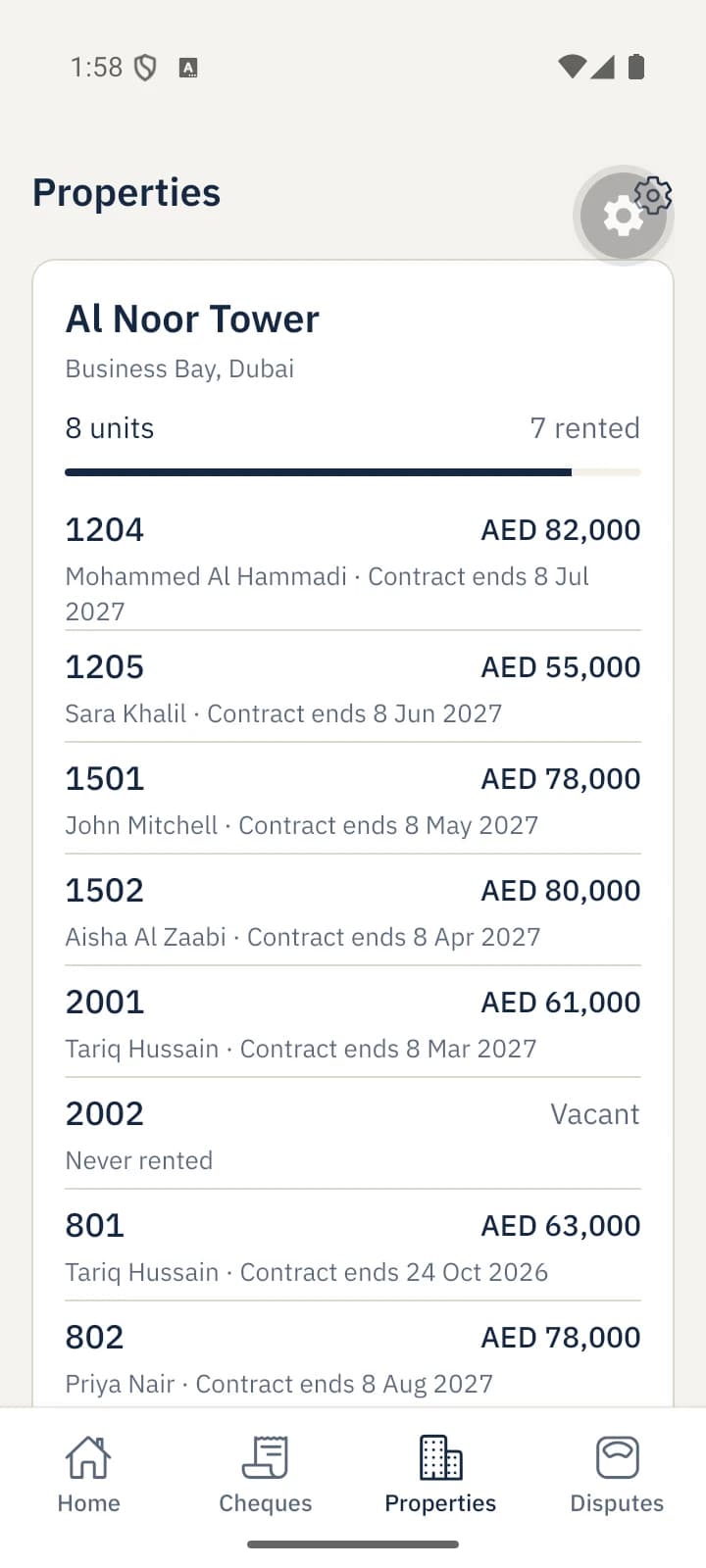 Vamar Owner Platform: Properties. Units per building with rent, tenant and contract end date.