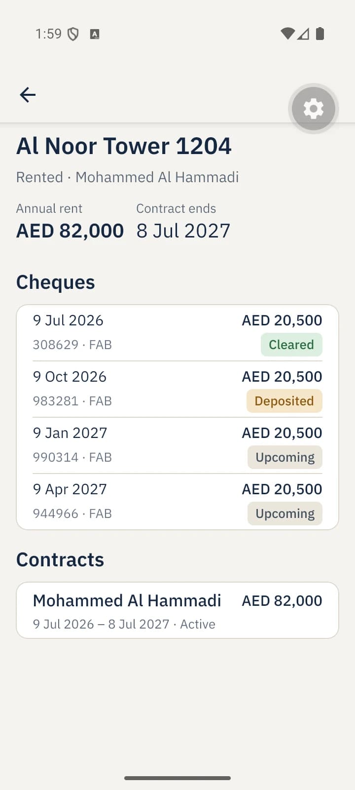 Vamar Owner Platform: Unit details. Annual rent, contract and the full cheque schedule of one unit.
