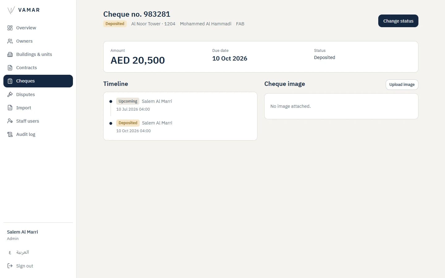 Vamar Owner Platform: Cheque details. Status history and the scanned cheque image.