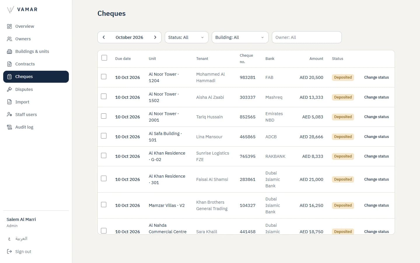 Vamar Owner Platform: Cheques. Filter by month, status, building and owner, and update statuses.