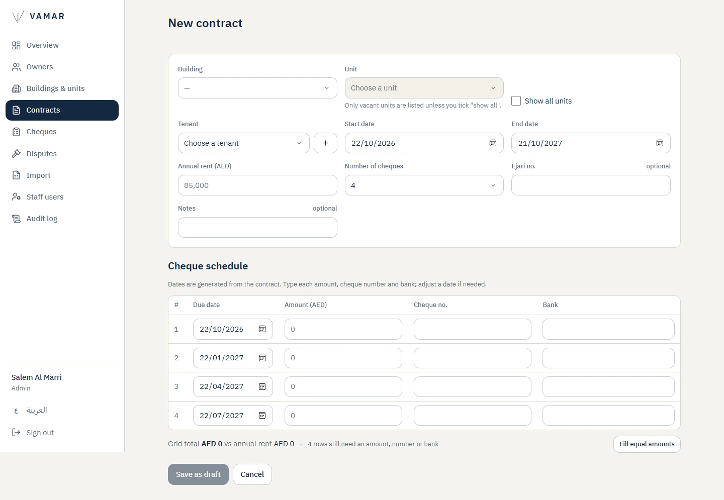 Vamar Owner Platform: New contract. The cheque schedule is generated and checked against the annual rent.