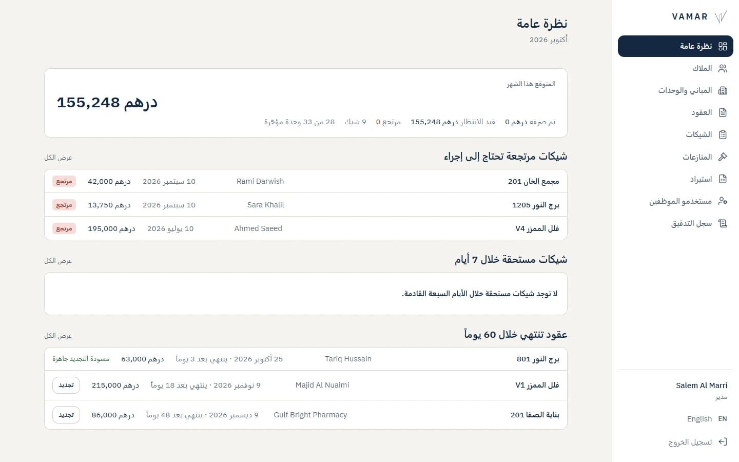 Vamar Owner Platform: Dashboard in Arabic. The whole dashboard also runs right to left.
