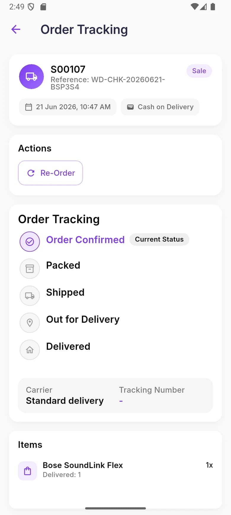 WDI Marketplace: Order tracking. Status timeline from confirmation to delivery, plus re-order.