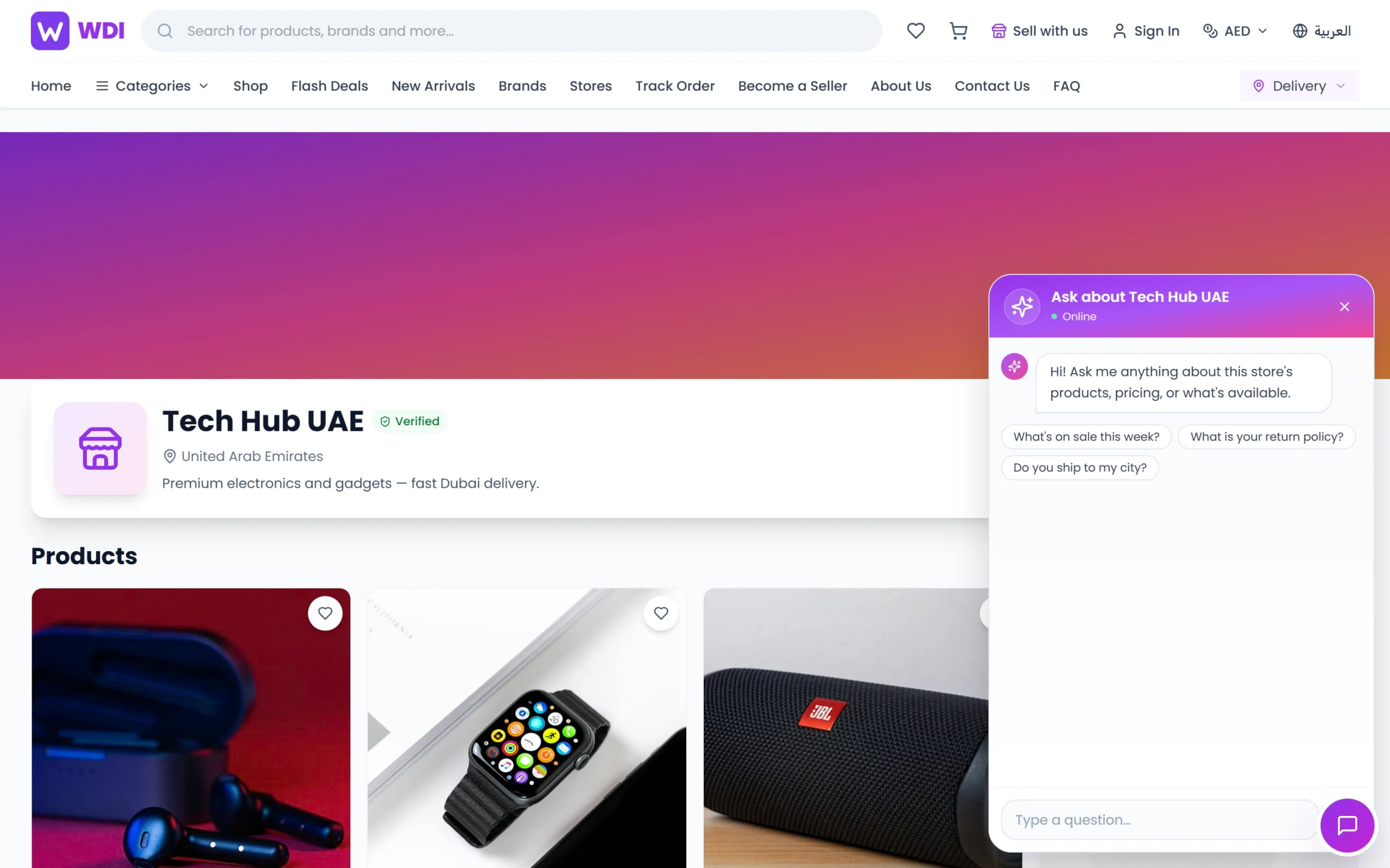 WDI Marketplace: AI store assistant. Ask about a store; answers come from its live catalog.