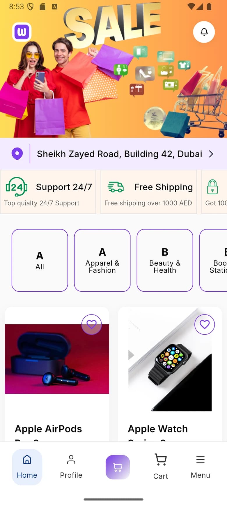 WDI Marketplace: Home feed. Promotions, delivery address, categories and products in one scroll.