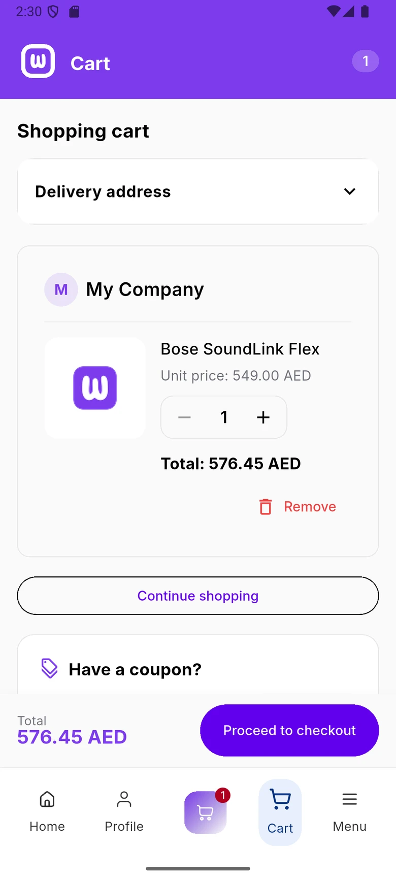 WDI Marketplace: Shopping cart. Items grouped by seller with quantities, totals and coupons.