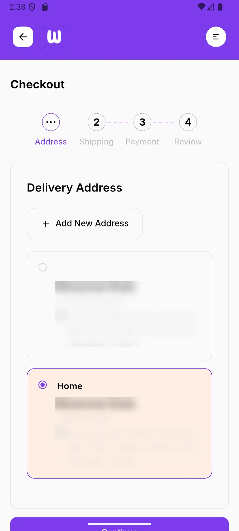 WDI Marketplace: Delivery address. Choose a saved address or add a new one.