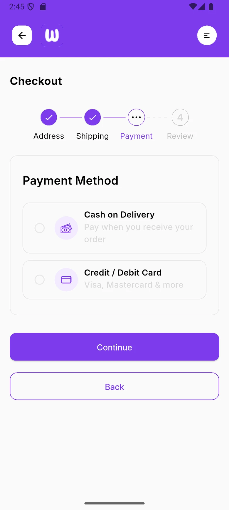 WDI Marketplace: Payment method. Cash on delivery or card payment.