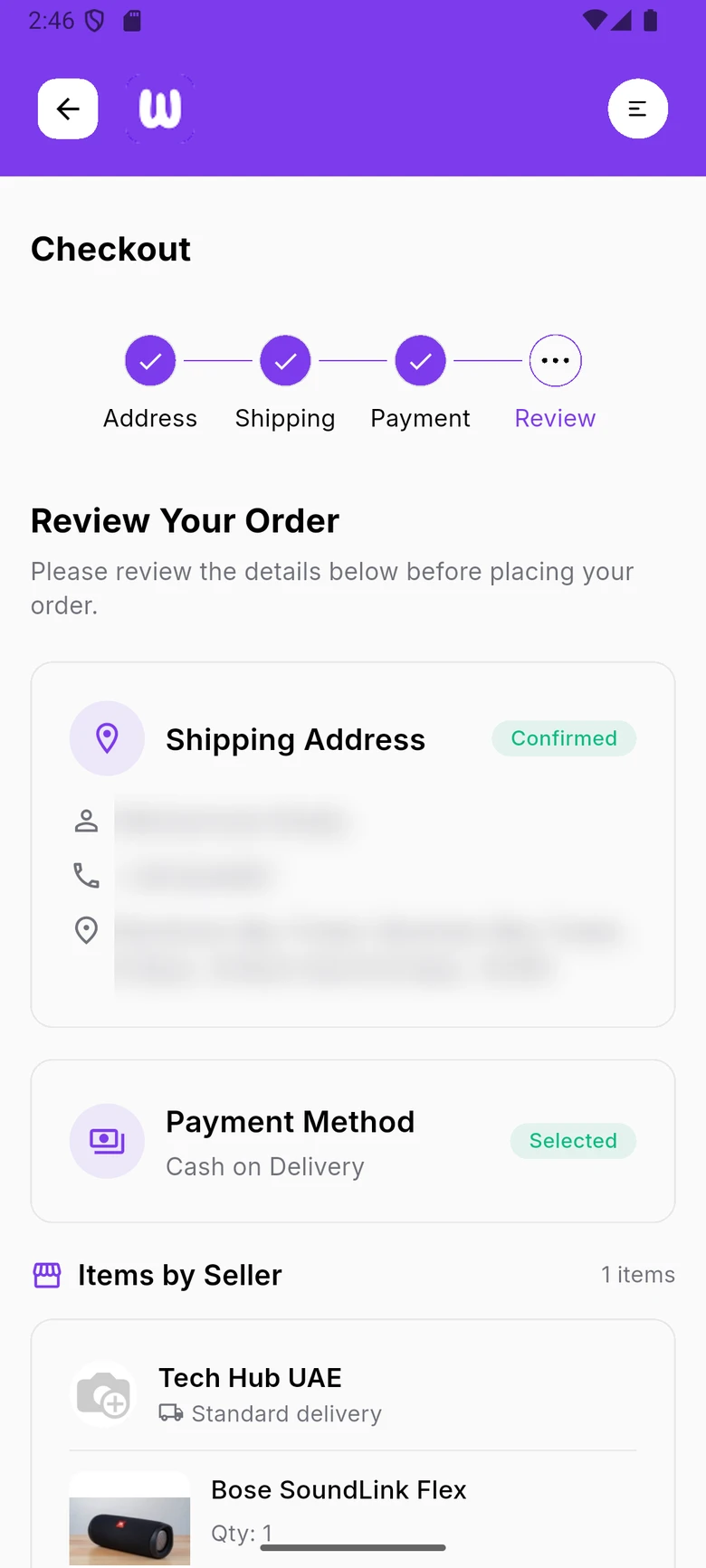 WDI Marketplace: Order review. Address, payment and items by seller, checked before placing.