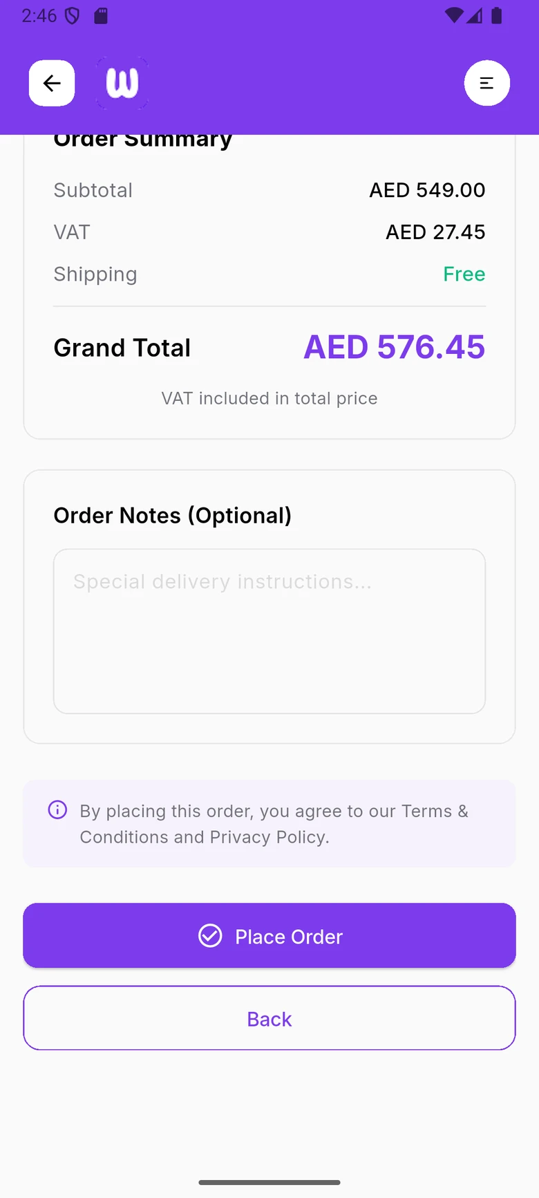 WDI Marketplace: Order summary. Subtotal, VAT and shipping add up to one total.