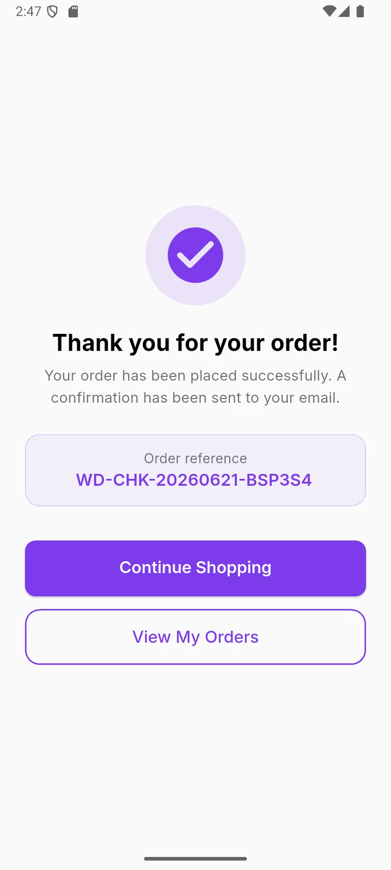 WDI Marketplace: Order placed. Confirmation with an order reference and next steps.