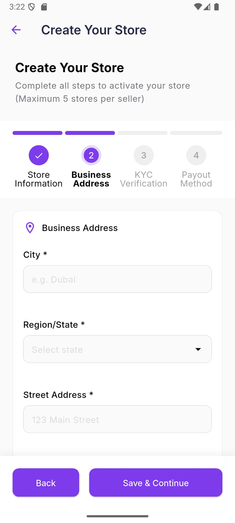 WDI Marketplace: Business address. Step two records the store's business address.
