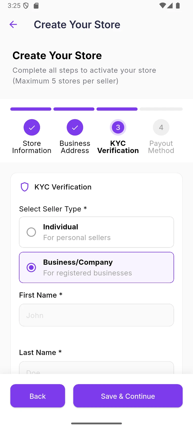 WDI Marketplace: KYC verification. Sellers register as individuals or licensed businesses.