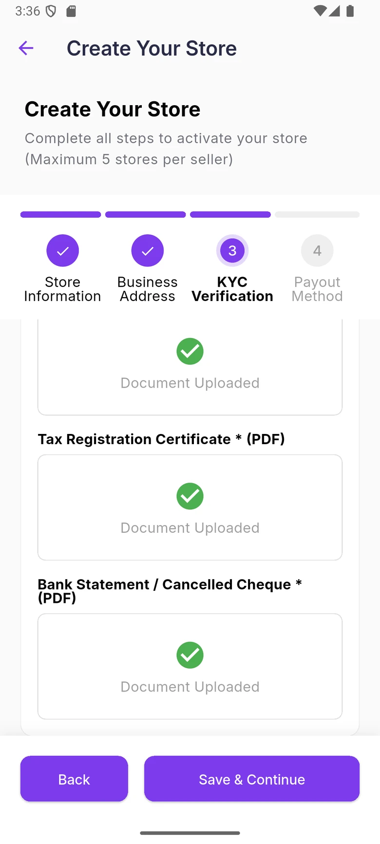 WDI Marketplace: KYC documents. License, tax certificate and bank proof uploaded as PDFs.