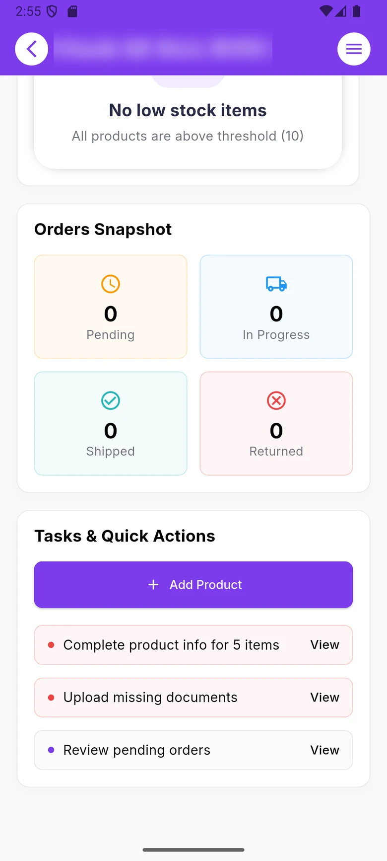 WDI Marketplace: Seller dashboard. Order snapshot, stock alerts and quick actions.