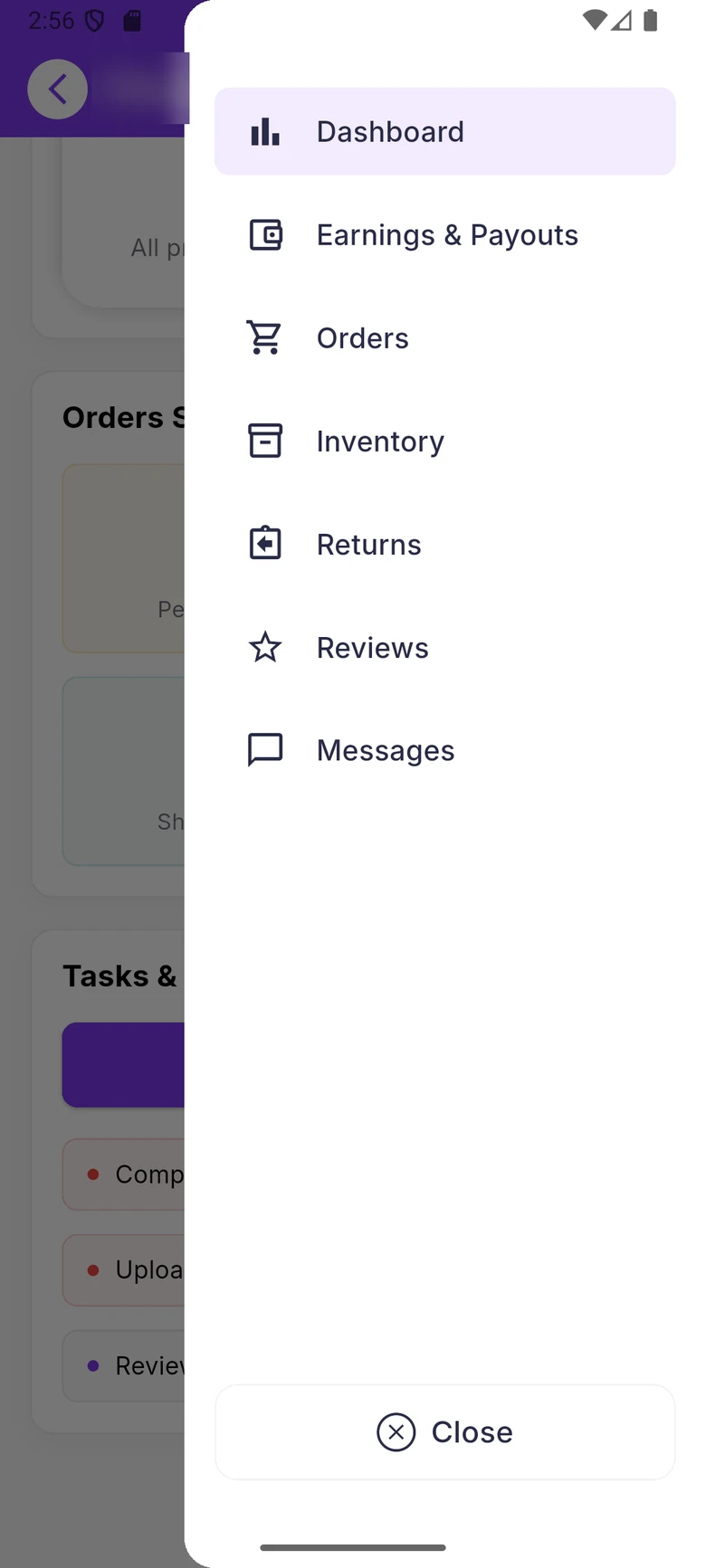 WDI Marketplace: Seller menu. Earnings, orders, inventory, returns, reviews and messages.