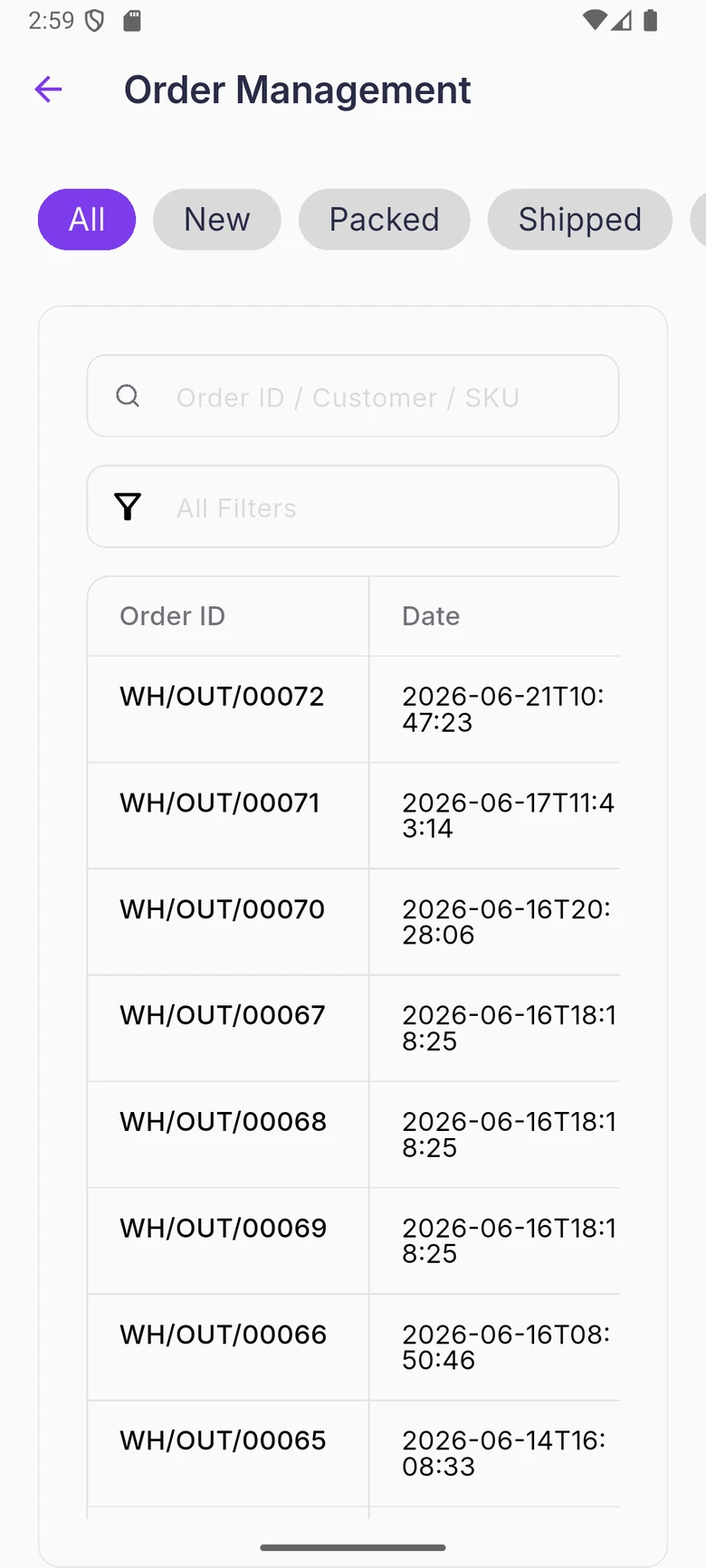 WDI Marketplace: Order management. Filter orders by status; search by ID, customer or SKU.