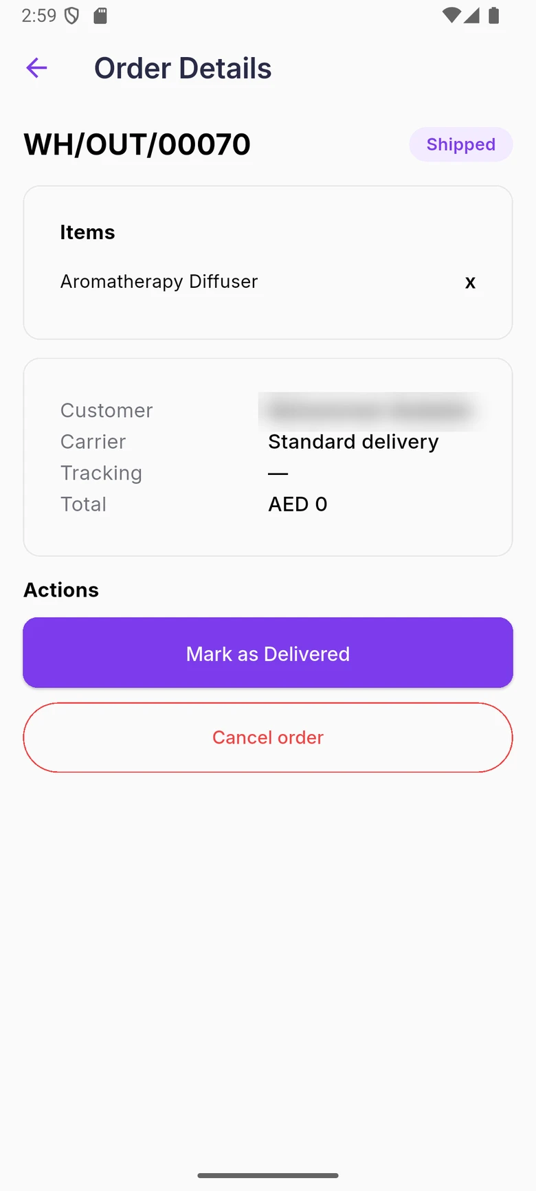 WDI Marketplace: Order details. Fulfil an order: mark it delivered or cancel it.
