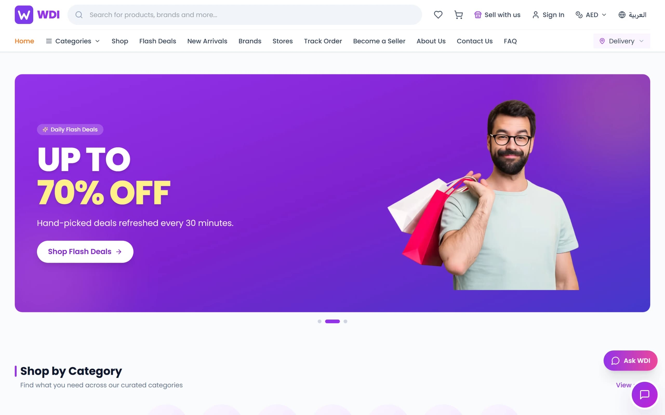 WDI Marketplace: Web home. Responsive storefront with rotating campaigns and category navigation.