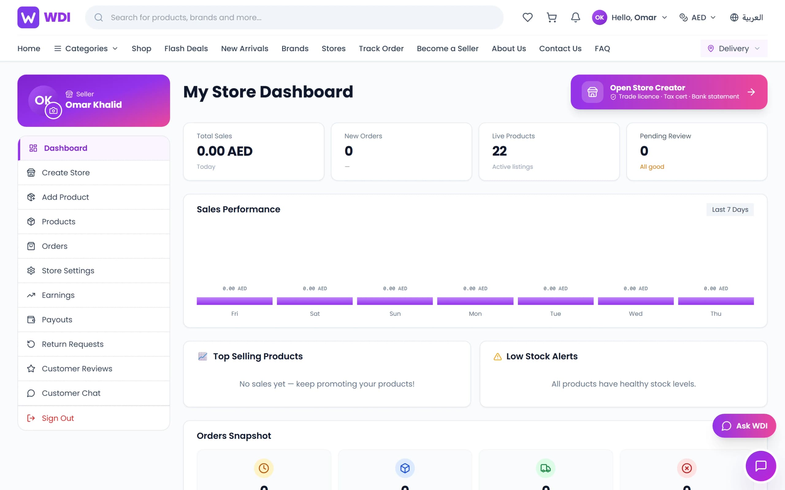WDI Marketplace: Seller dashboard. Sales, orders, listings and store tools in one view.