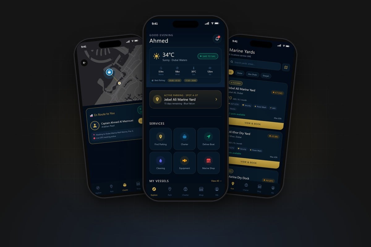 Three Park & Launch screens - welcome tour, home dashboard and marine yards